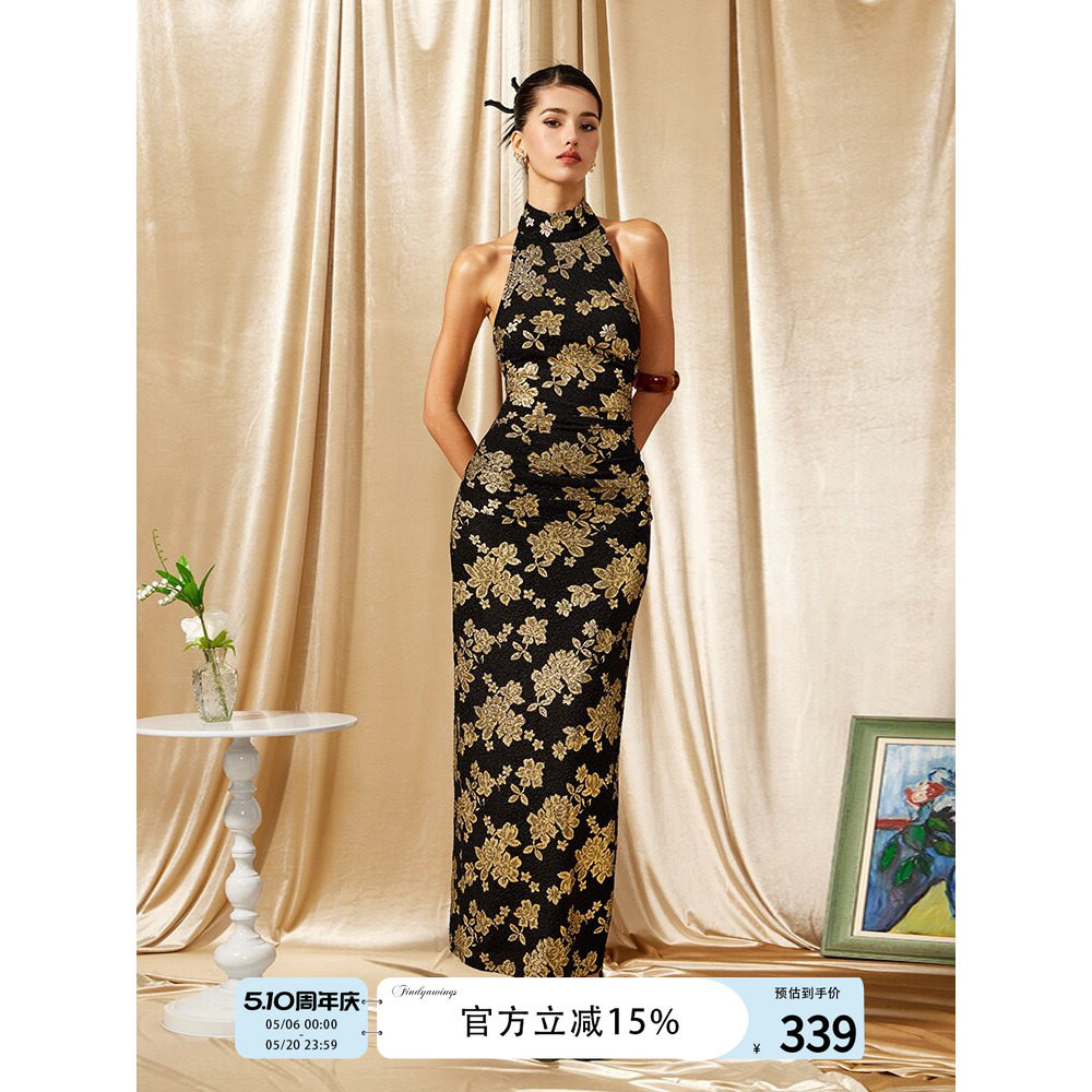 《张南同款》FIND YA WINGS新中式旗袍烫金性感晚礼服挂脖连衣裙