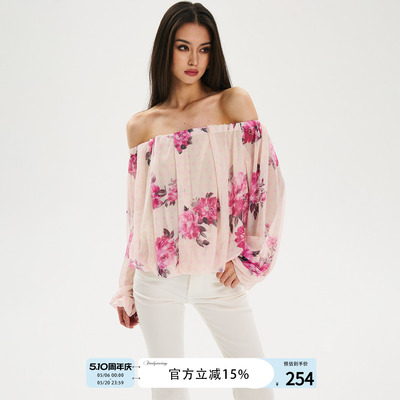 FINDYAWINGS《蔷薇庄园》蔷薇印花一字肩宽松花苞袖设计感上衣女