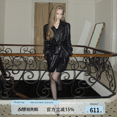 FINDYAWINGS《摩登性感拽姐》两面皮质中长款系带设计黑色皮衣