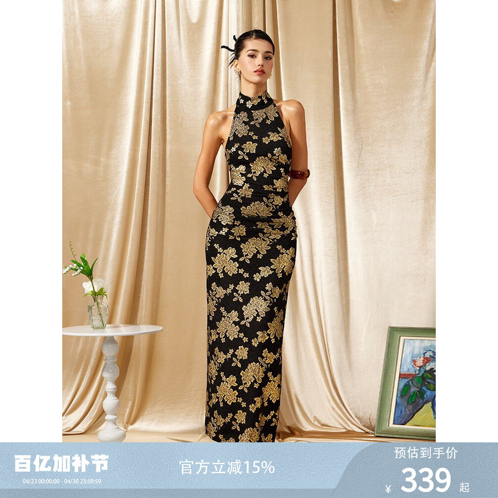 《张南同款》FIND YA WINGS新中式旗袍烫金性感晚礼服挂脖连衣裙
