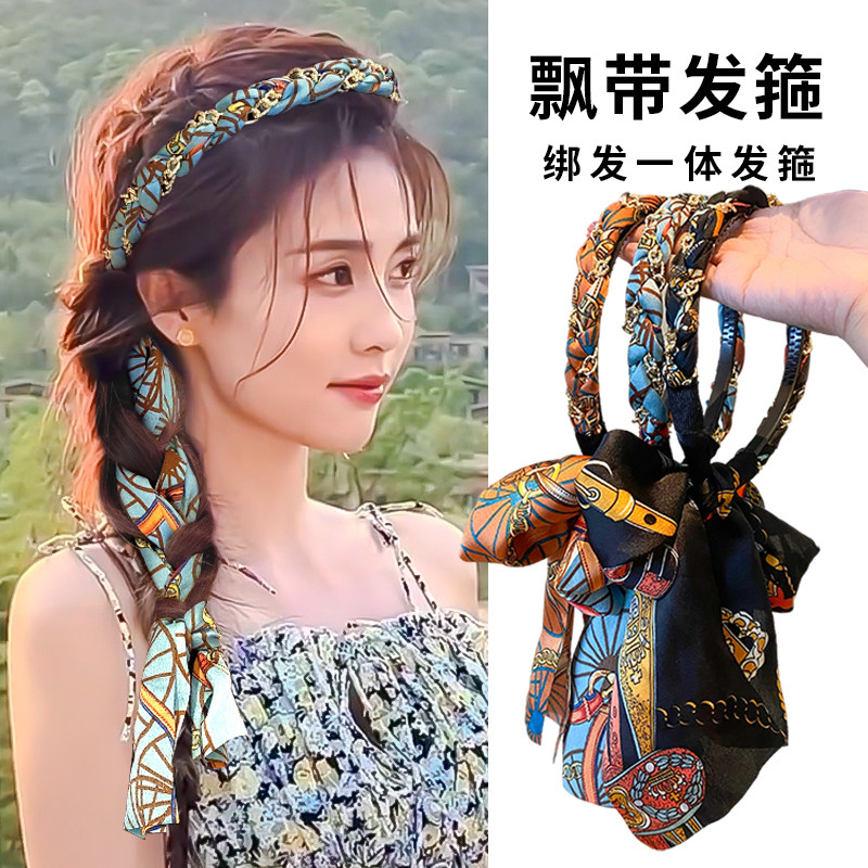 绑发发箍女链条飘带头箍2023年新款丝巾发带编发一体发卡发饰头饰