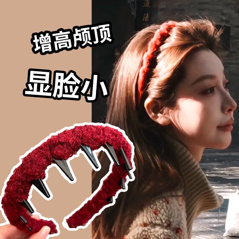 新款红色毛绒波浪发箍女款日常外戴发卡高颅顶带齿防滑新年红头箍