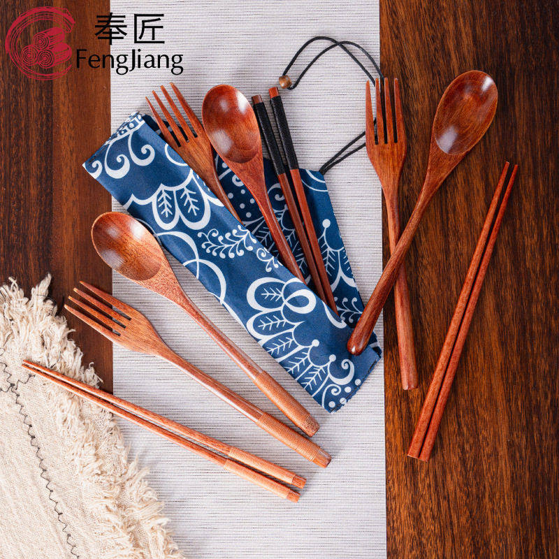 木质餐具勺子木筷子叉子日式勺叉筷三件套装旅游便携布袋厂家,餐饮具,筷子,淘宝优惠券,粉丝福利购,淘宝优惠卷