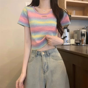 彩虹条纹正肩短袖 高级感多巴胺穿搭甜辣妹针织上衣 t恤女夏季 新款