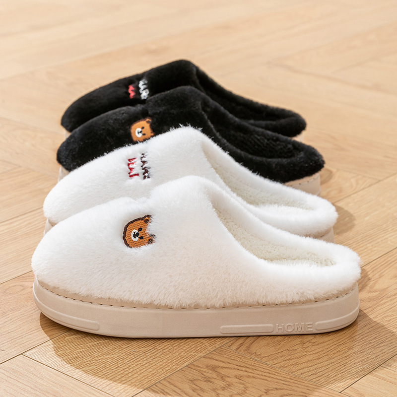 毛毛鞋秋冬季室内外居家情侣保暖加绒厂家小熊耐磨月子鞋男女防滑