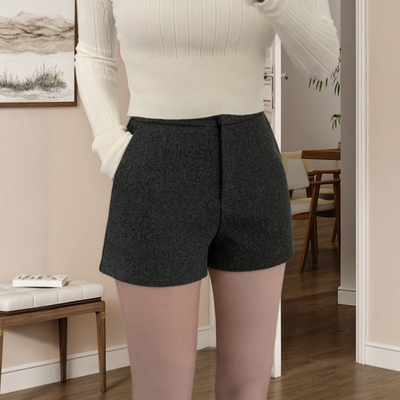 秋冬毛呢短裤女高腰显瘦呢子靴裤