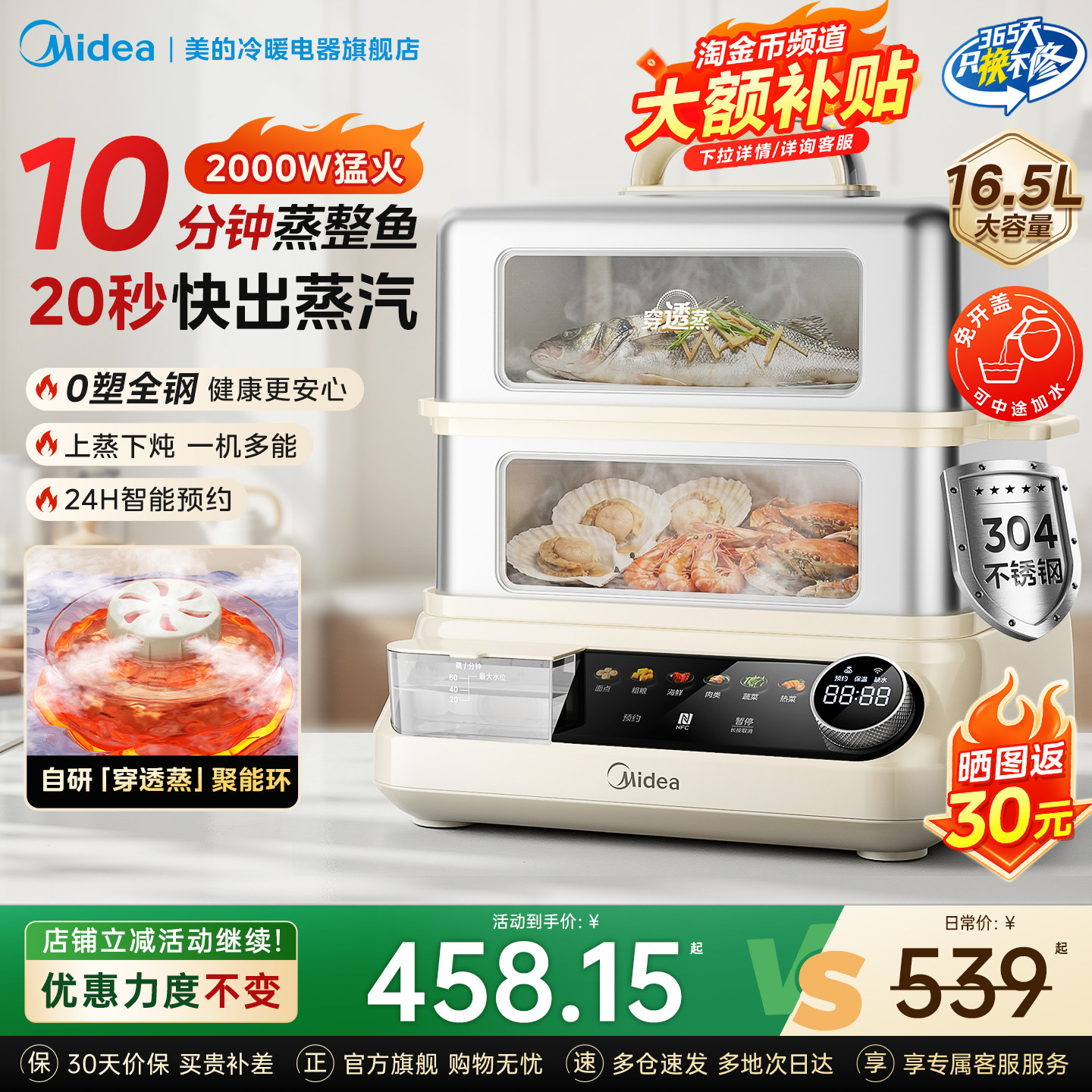 美的不锈钢电蒸锅多功能家用蒸菜可视蒸箱大容量智能预约2026新款