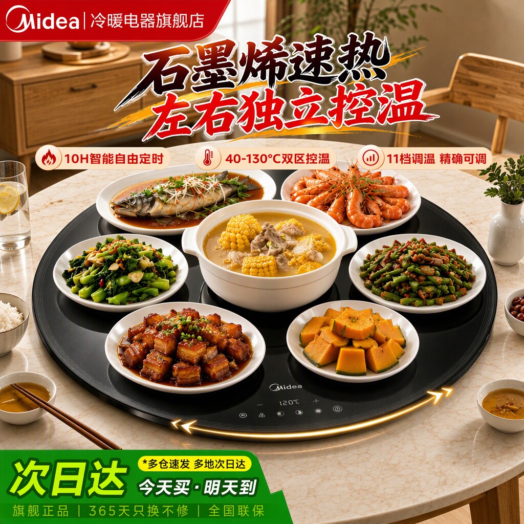 美的暖菜板热菜板家用圆形加热保温垫转盘餐桌饭菜神器多功能新款