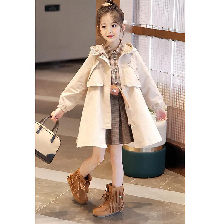 女童风衣外套秋装2025新款儿童洋气英伦风女孩春秋连帽中长款上衣