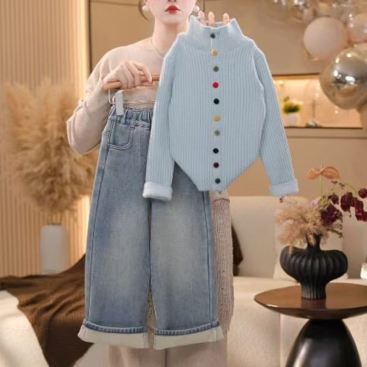 女童毛毛衣加绒毛衣套装2025新款秋冬羊羔绒外套半高领加厚针织衫