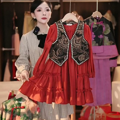 女童装新疆旅游穿搭2025秋装新款小女孩马甲长袖连衣裙两件套装裙