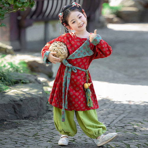 青泠谷浓郁色双面穿棉纱圆领袍儿童唐制汉服2026秋季男女日常可穿