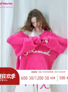 FTT FlyTheTruth『粉红天鹅颈』玫红色V领毛衣女冬慵懒粉色针织衫