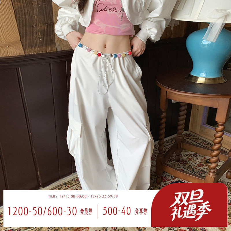 宽松休闲白色工装裤女秋季伞兵裤
