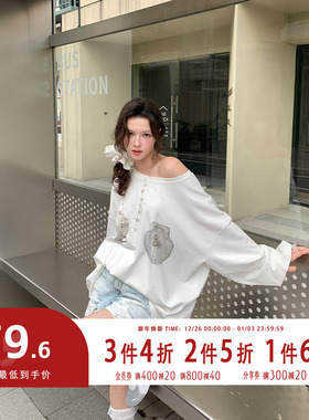 FTT FlyTheTruth『贝壳日记』韩系印花长袖T恤女秋设计感露肩上衣