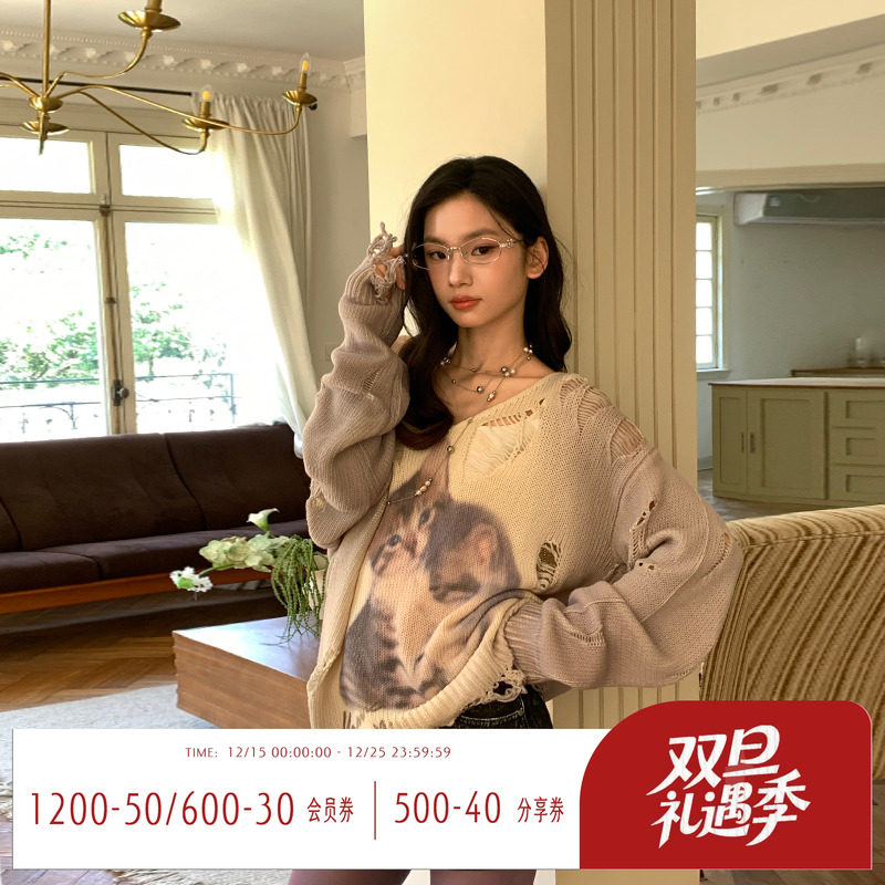 FTT秋季宽松慵懒破洞小众毛衣女