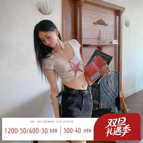 复古海星印花短袖T恤女短上衣