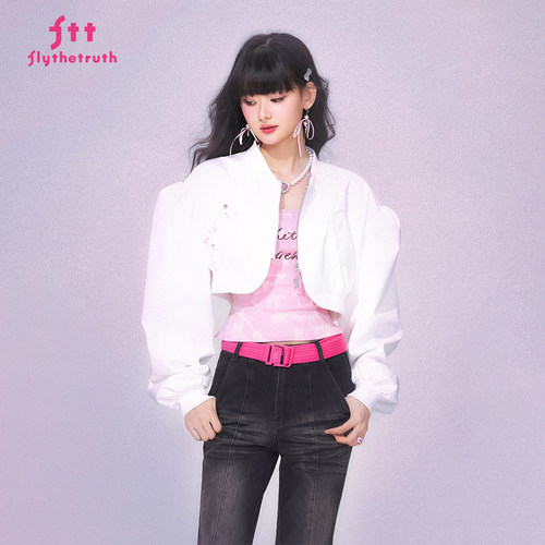 白色泡泡袖飞行夹克短外套女春季