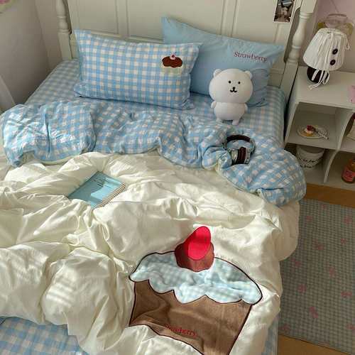 A类毛巾绣水洗棉床上四件套四季通用蓝色格子学生宿舍床单三件套