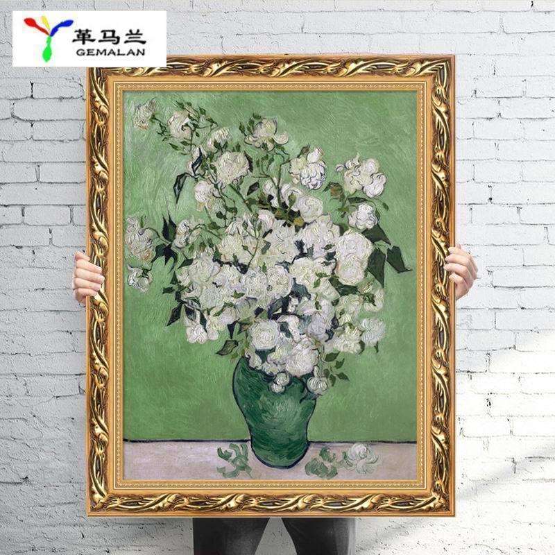 梵高油画永恒白玫瑰玄关画现代欧式挂画有框画壁画客厅装饰画竖
