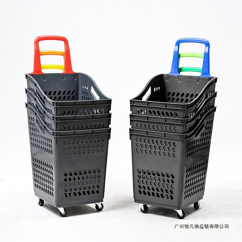 超市购物篮便利店买菜推拉蓝塑料带轮子加厚大号水果购物筐篮子