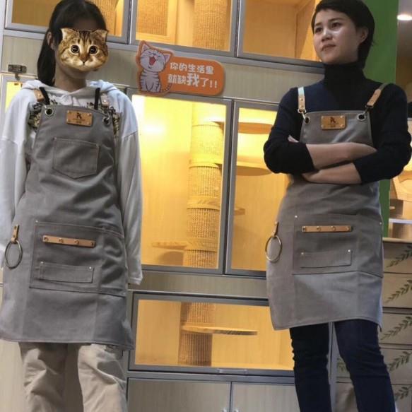 园艺自助餐服务员厨房家庭厨房烧饭围裙定制logo真皮帆布围裙