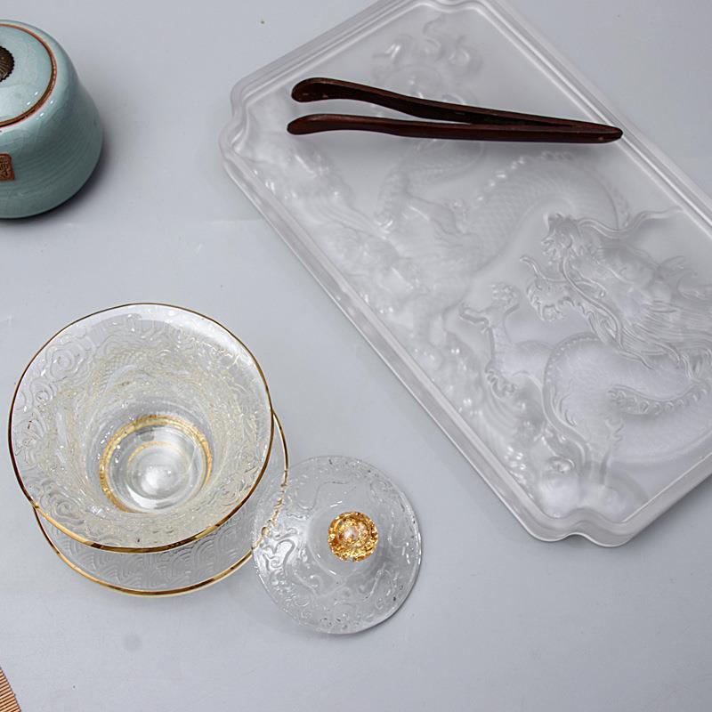 玻璃三才盖碗托盘中国风祥龙茶盘茶具套装龙盖碗壶承干炮台茶具