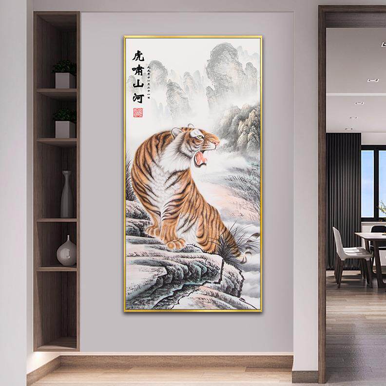 中式上山虎挂画客厅入户玄关走廊楼梯装饰画老虎画猛虎下山图壁画