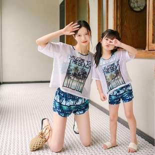 儿童泳衣 显瘦分体三件套母女泳衣亲子泳装 亲子泳衣时尚 椰子树修身