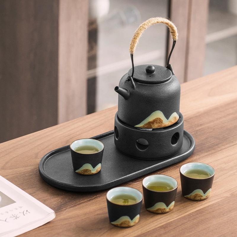 提梁壶陶瓷茶壶功夫暖茶炉单壶煮茶器蜡烛加热底座粗陶温茶炉套装