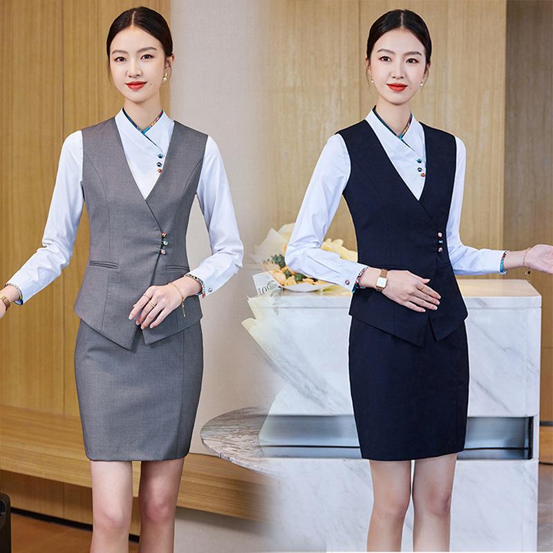 高档纯棉马甲女四季短款套装酒店职业工装背心马夹坎肩工作服