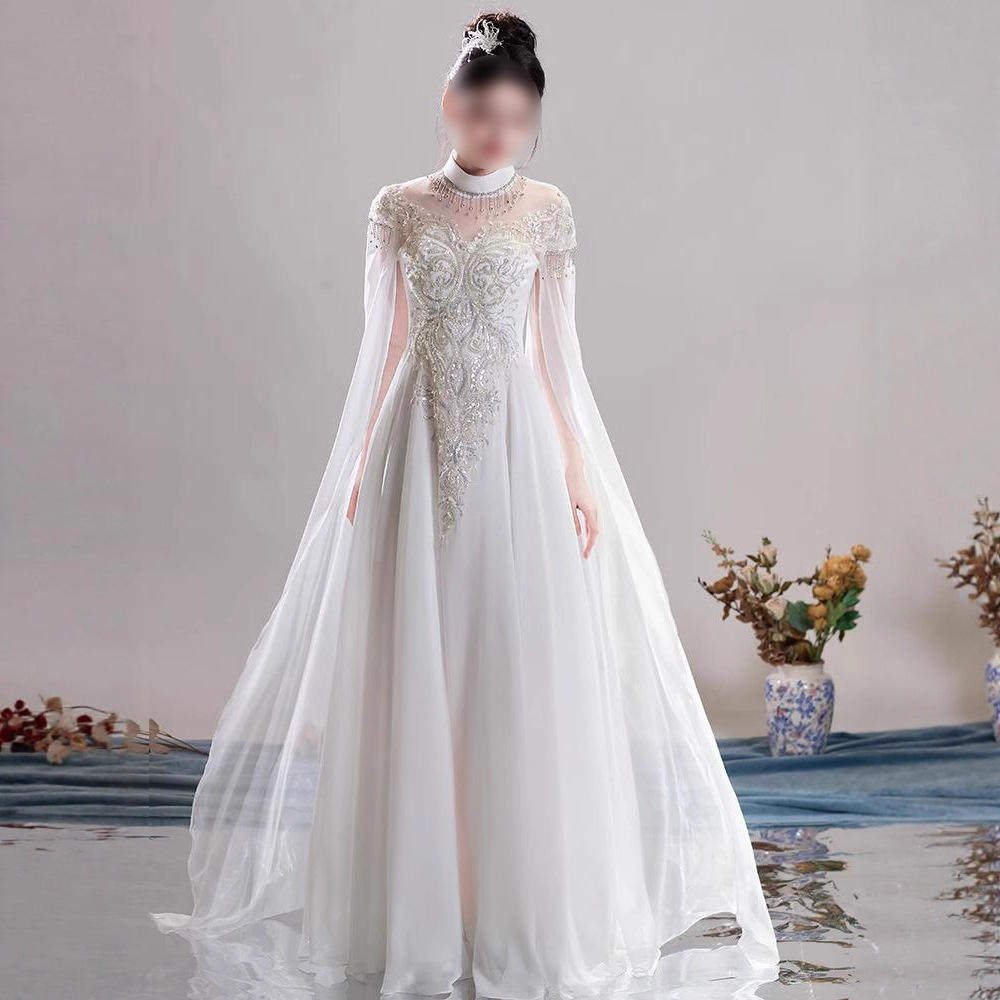 新款中国风演出服女白色民乐古筝演奏学生艺考合唱仙气礼服裙长款