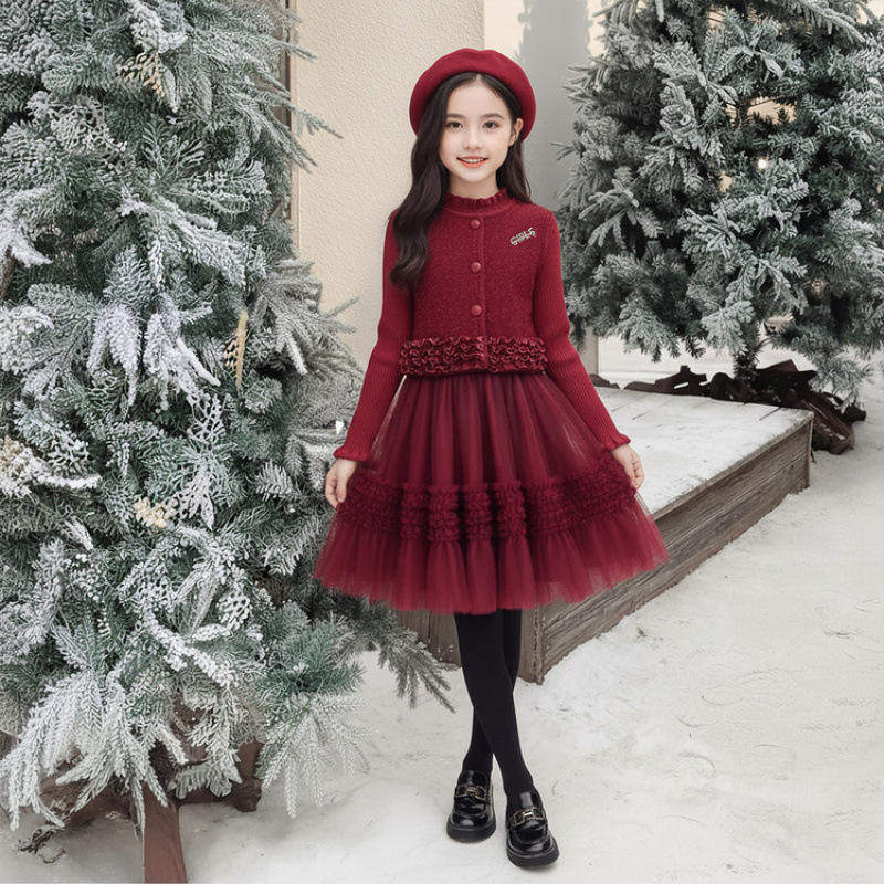 新款女童冬季小香风连衣裙套装年服呢子马甲纱裙两件套秋冬款休闲