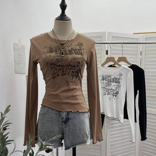 实拍 侧腰割破镂空不规则朋克印花长袖T恤修身打底衫短款上衣2771