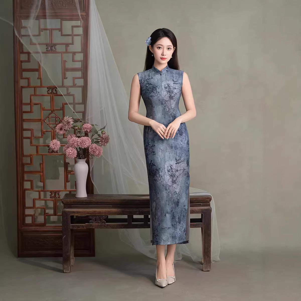 蓝色国风新中式长款无袖秋季旗袍年轻款复古修身春秋装日常复古风,女装/女士精品,旗袍,淘宝优惠券,粉丝福利购,淘宝优惠卷