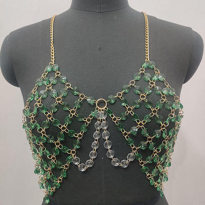 sl000185欧美内衣配饰绿色仿水晶串珠身体链女bodychain百搭
