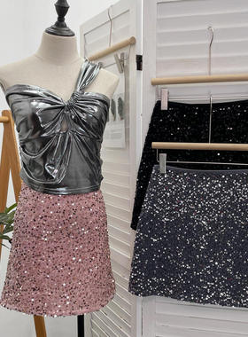 实拍 粉色亮片半身裙高腰显瘦防走光包臀a字闪闪蹦迪短裙8021