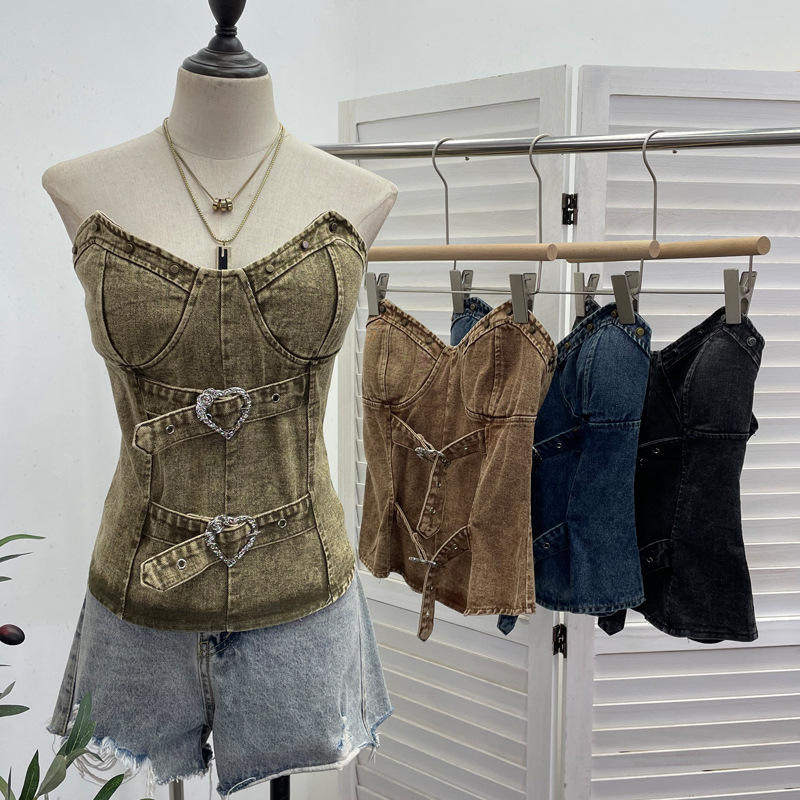 实拍 带胸垫牛仔背心复古朋克辣妹裹胸短款修身抹胸无袖上衣 8897,女装/女士精品,背心吊带,淘宝优惠券,粉丝福利购,淘宝优惠卷
