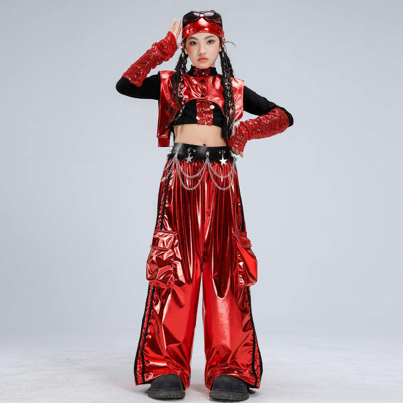 女童爵士舞套装露脐黑红亮片皮裤舞蹈服jazz女孩街舞元旦表演服装