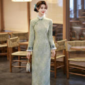 女新中式 厚款 复古秋冬复古风 改良旗袍冬季 绿色加绒国风苏州长袖