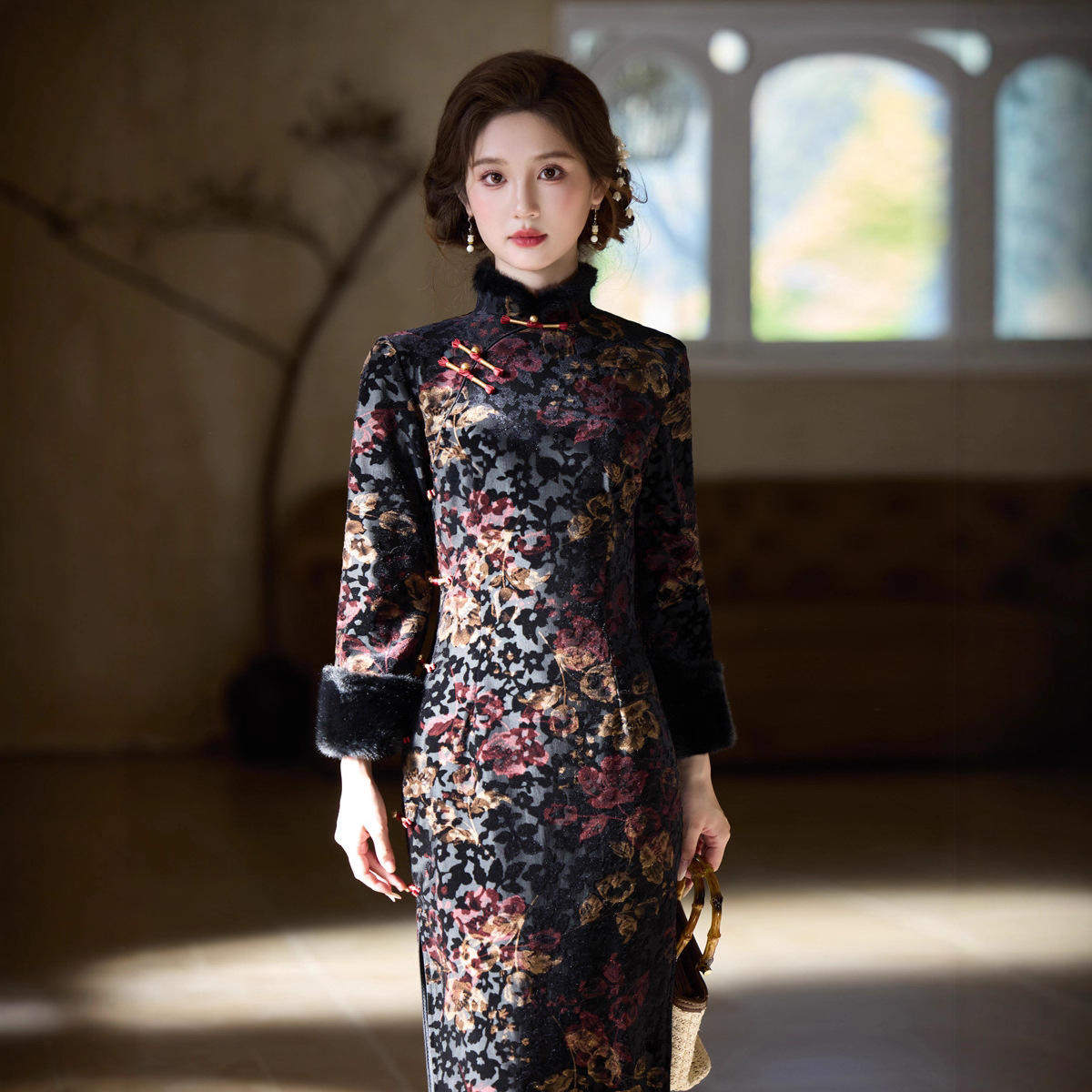 新款 冬季加绒气质新中式国风美艳复古收腰显瘦旗袍长袖连衣裙,女装/女士精品,旗袍,淘宝优惠券,粉丝福利购,淘宝优惠卷