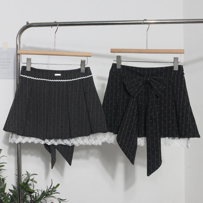 实拍  显腿长短裙爱心印花拼接蕾丝A字百褶显瘦蝴蝶结半身裙 9339