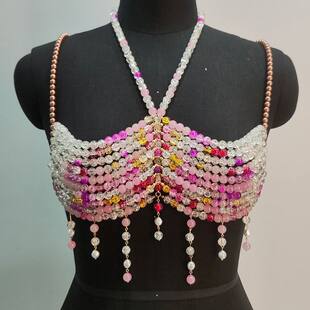 跨境性感渐变色玻璃串珠胸链 chains 厂家直销重工彩珠身体链body