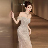一字肩晚礼服2026气质高端轻奢主持人鱼尾订婚宴会亮片连衣裙婚纱