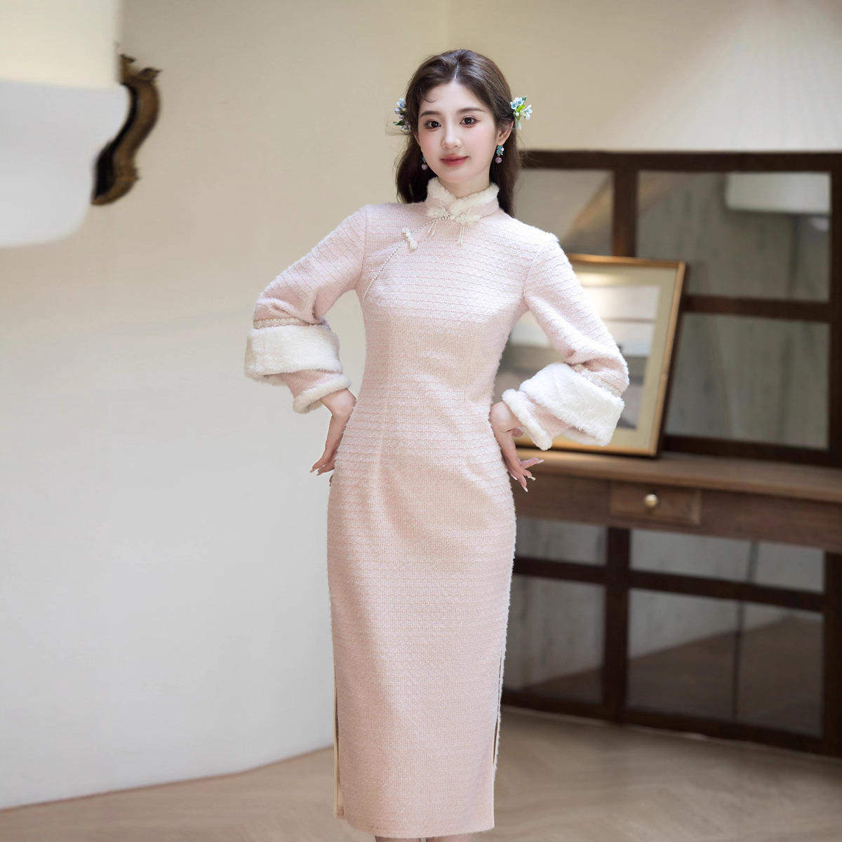 新款粉色格子温柔修身复古国风年轻款加厚少女显瘦改良旗袍裙长款,女装/女士精品,旗袍,淘宝优惠券,粉丝福利购,淘宝优惠卷