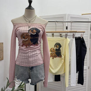 实拍 少女一字肩印花钉珠珍珠蕾丝拼接长袖上衣修身短款T恤衫8053