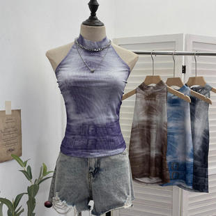 实拍 立领挂脖系带印花网纱无袖上衣女夏季外穿辣妹紧身背心 8018