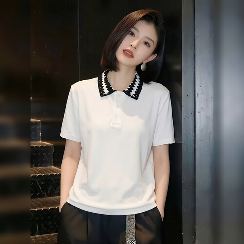 PLLFS 2026夏季新款设计感短袖T恤女撞色POLO领纽扣显瘦简约上衣