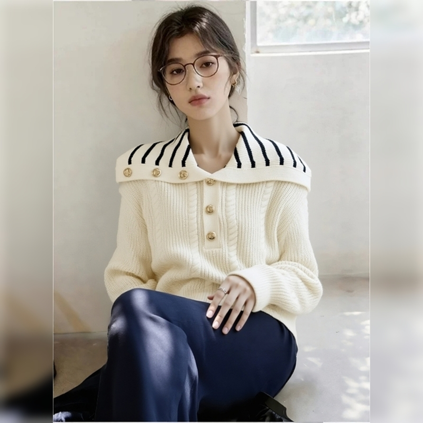 学院风条纹翻领麻花毛衣女秋冬新款高级感软糯百搭套头针织衫上衣