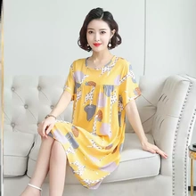 夏季女士休闲宽松棉绸睡裙睡衣家居服短袖连衣裙子人造棉妈妈睡裙